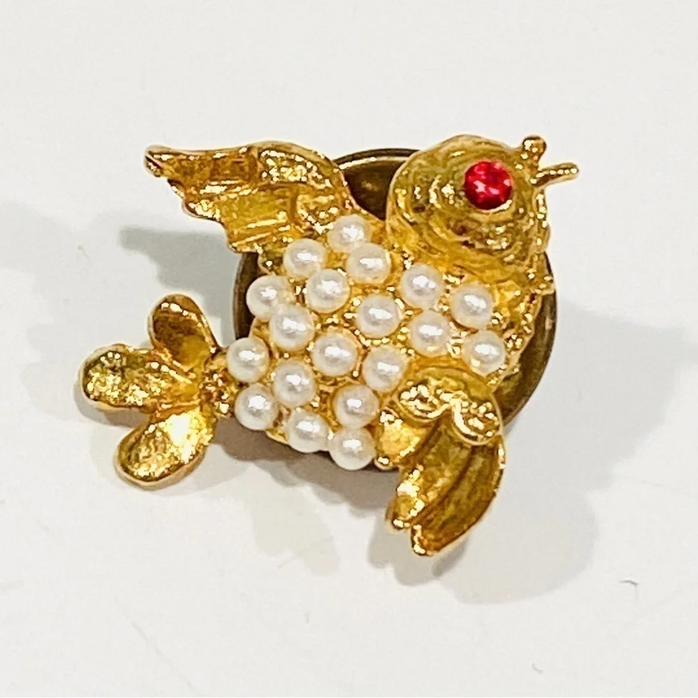 Vintage Miniature Golden Bird Brooch Pin w/ Faux Pearls and Ruby Eye